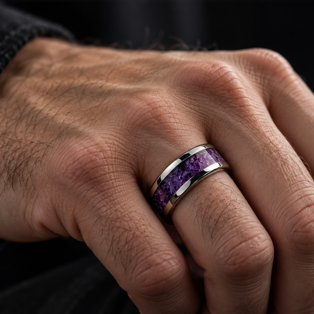 A close-up of a man's hand wearing a silver band ring with a textured purple inlay.