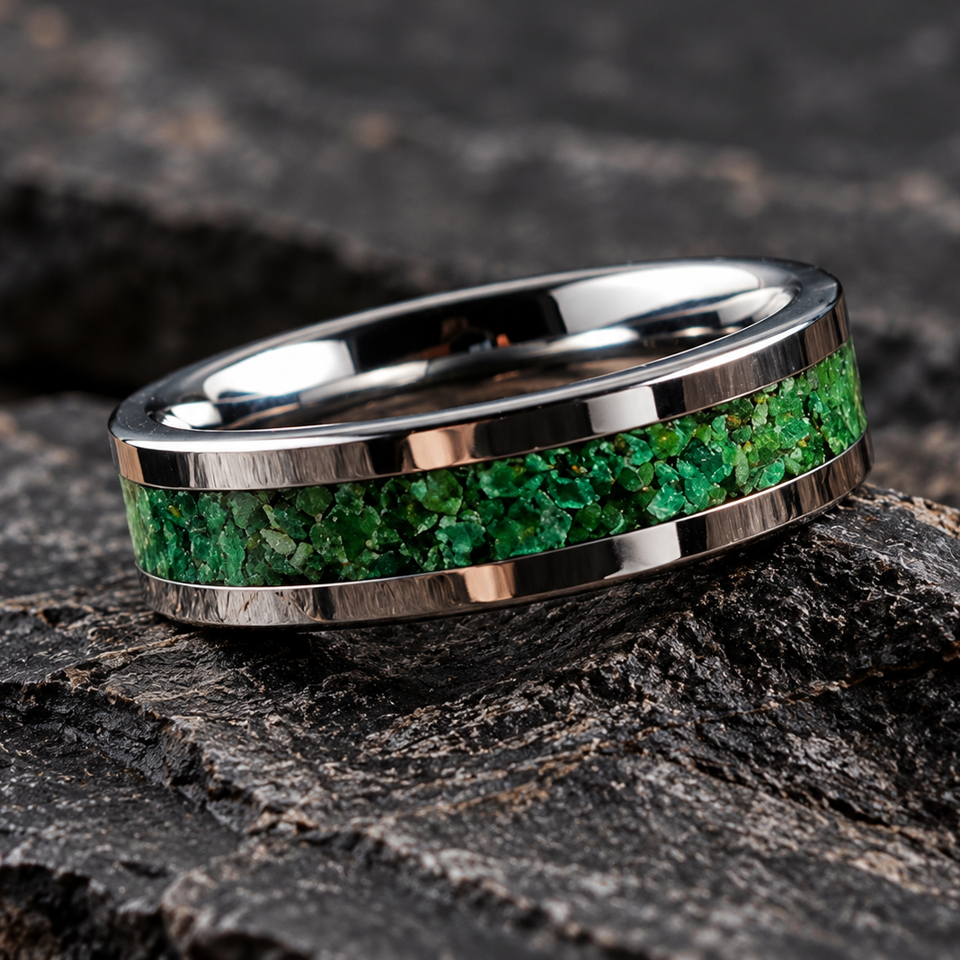 A silver-toned band ring with a textured green inlay, photographed close-up on dark weathered wood.