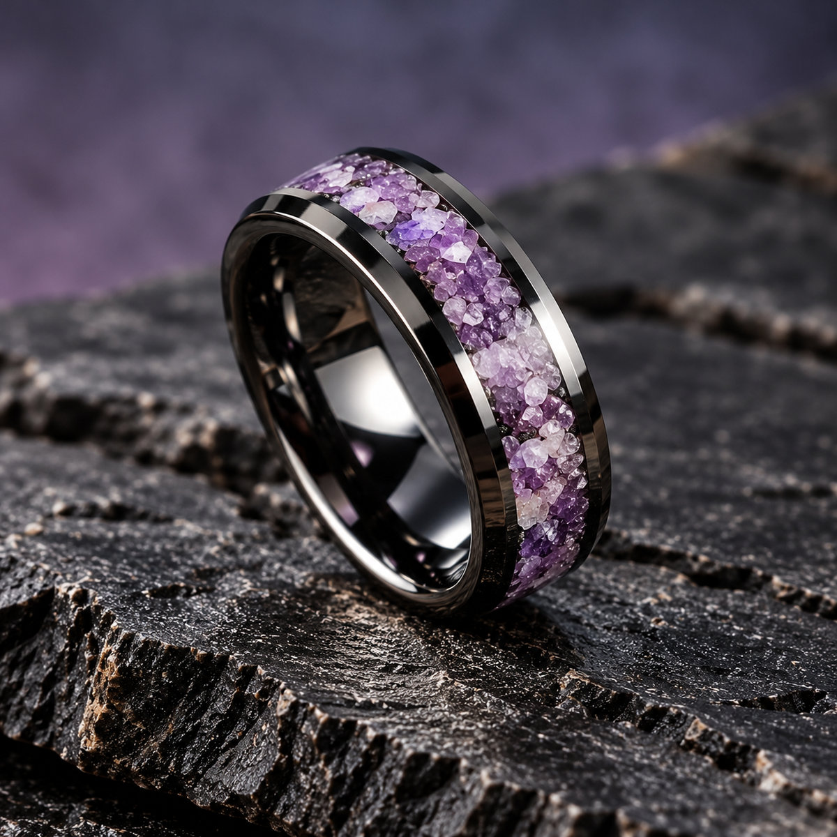 Black Zirconium & Crushed Amethyst Ring