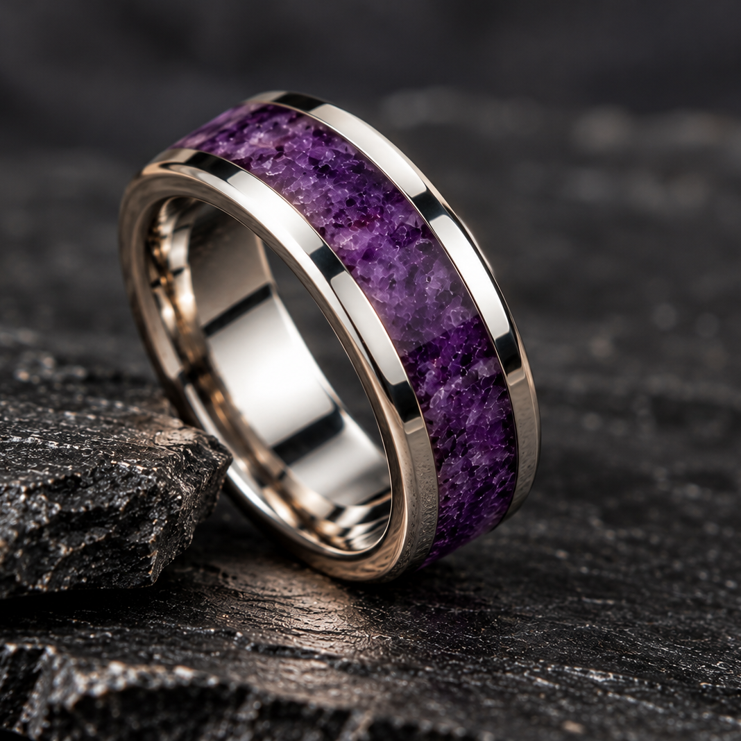 A polished silver band ring featuring a textured purple amethyst inlay, resting on a dark textured slate surface.