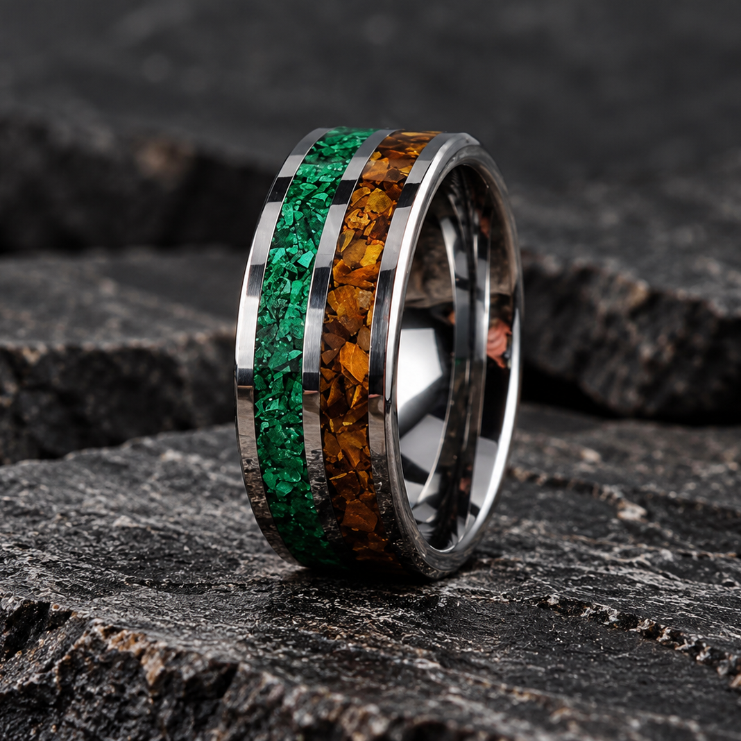 A polished silver-toned ring with two inlay channels, one featuring vibrant green stone and the other dinosaur bone, resting on a dark textured rock surface.