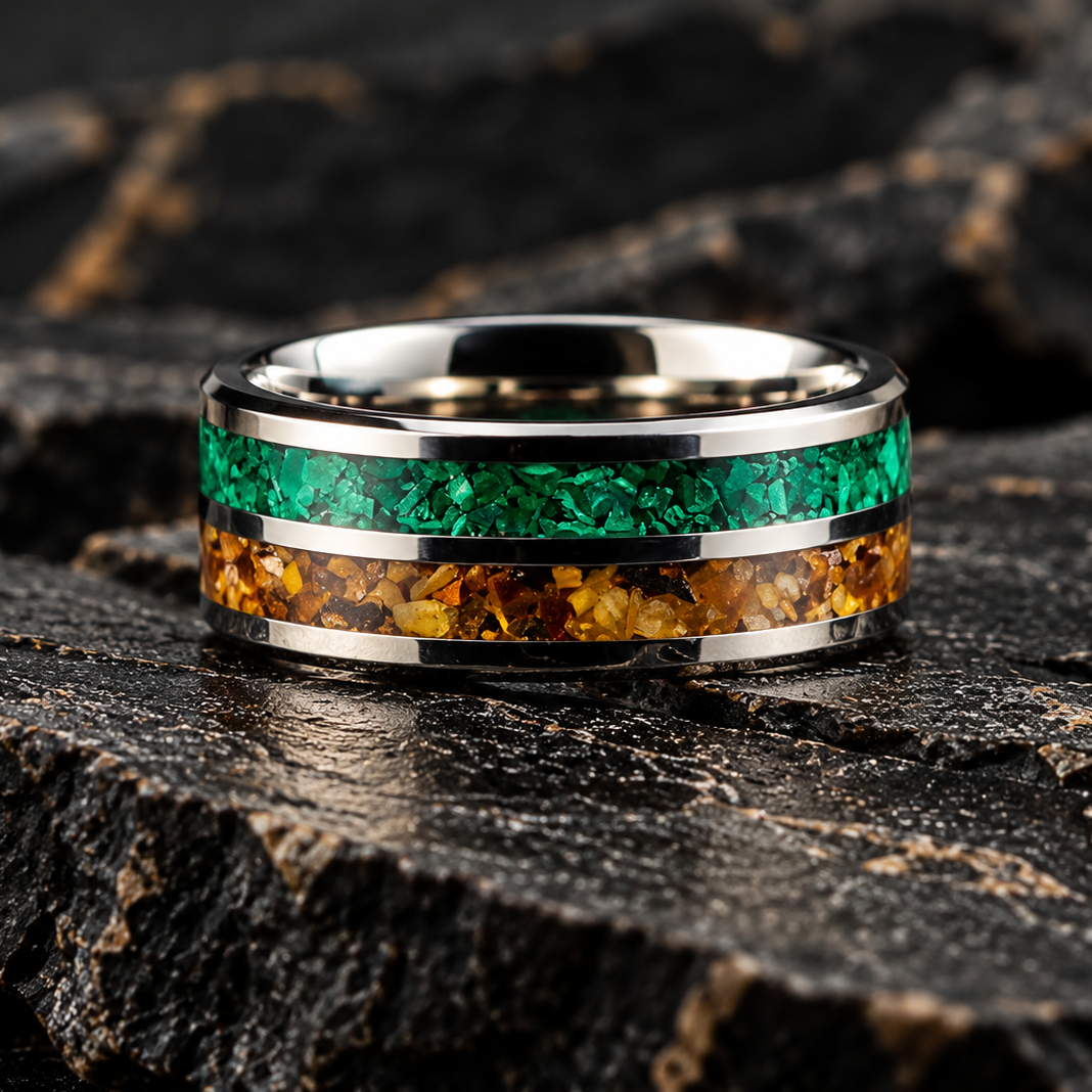 A silver-toned ring band featuring a textured green inlay on the upper half and a textured amber-orange inlay on the lower half, displayed on a dark textured rock surface.