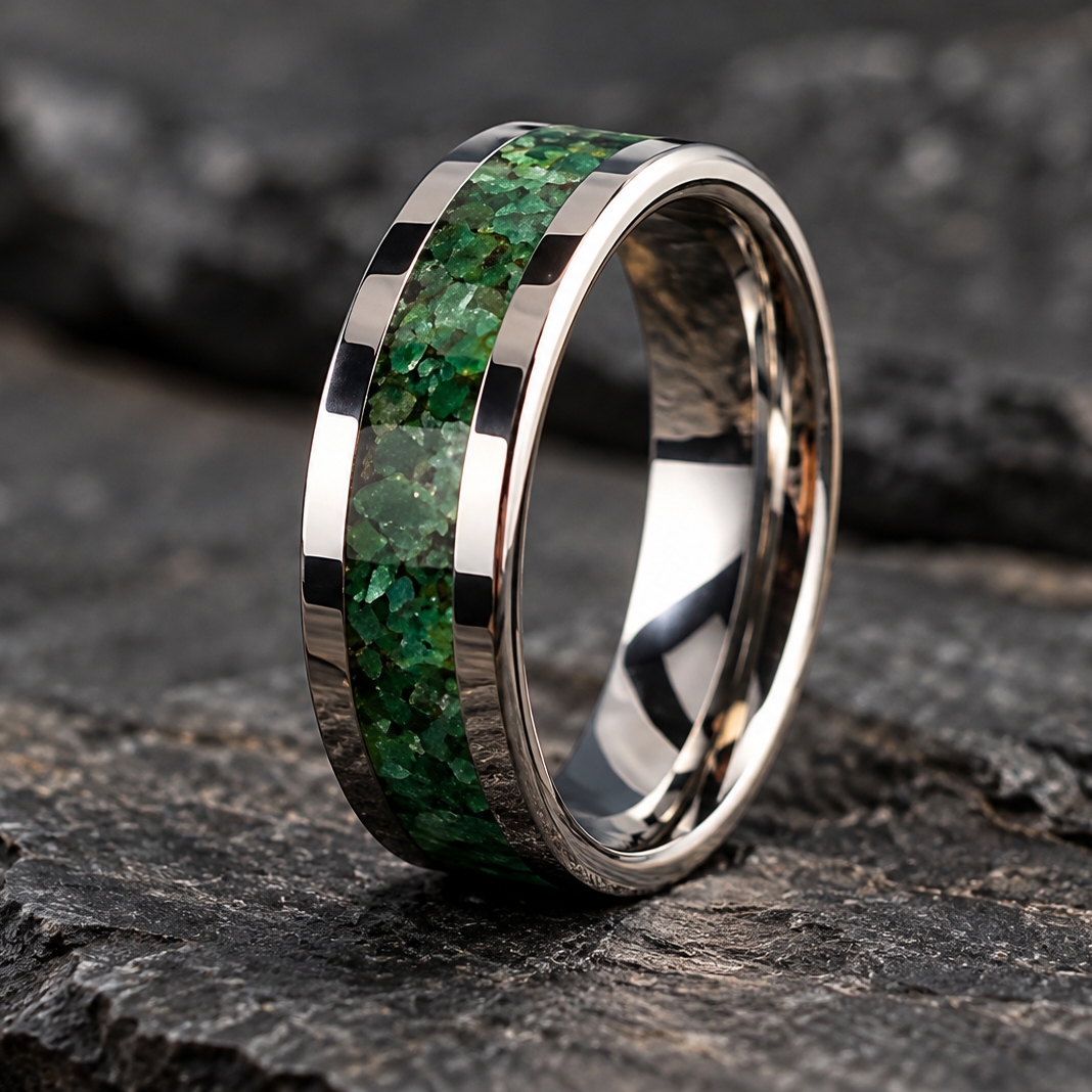 A polished silver-toned ring band featuring a textured green inlay, photographed standing upright on dark textured wood.