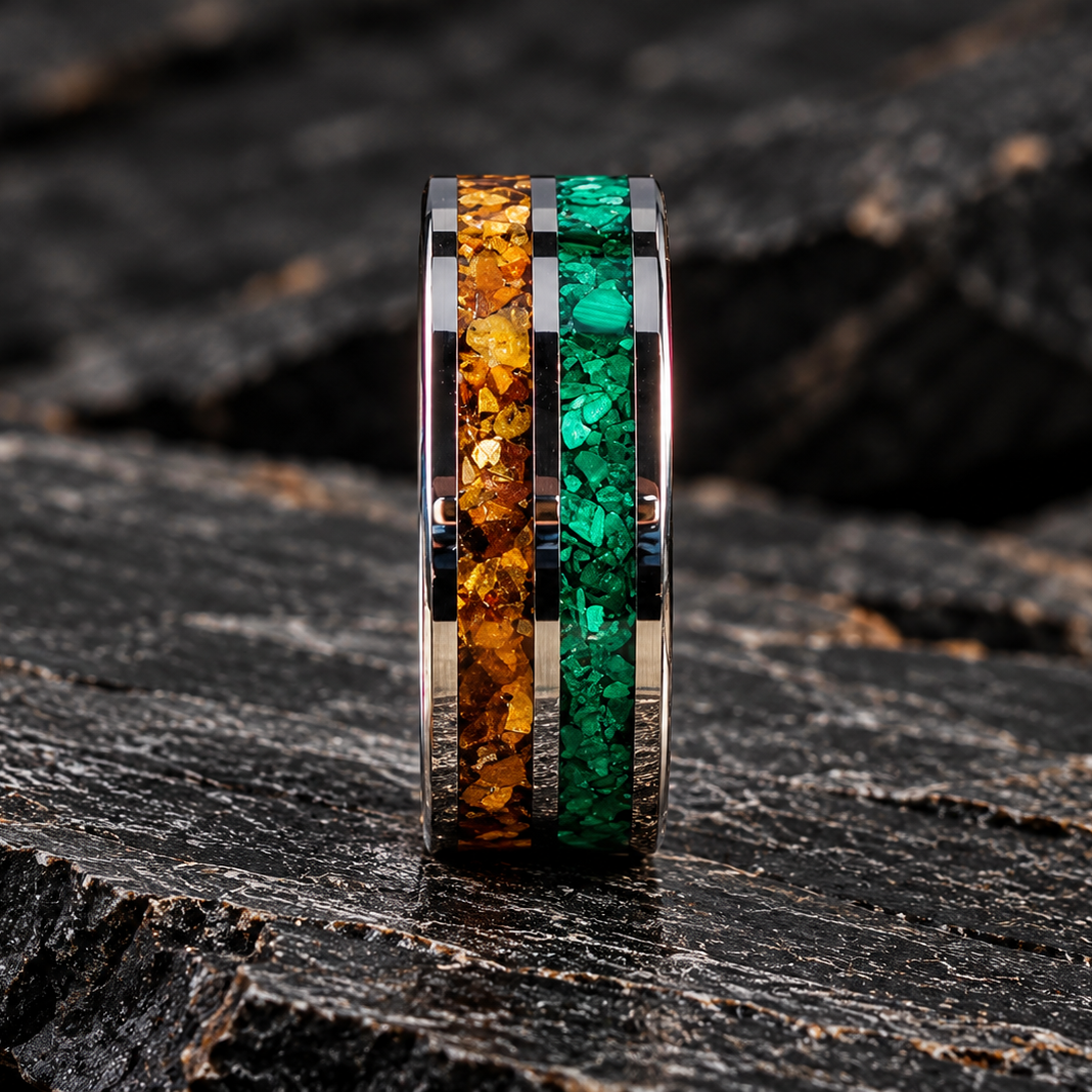 A polished metal ring with two vertical inlay channels, one filled with amber-orange flakes and the other with emerald green flakes, standing upright on a dark textured wood surface.