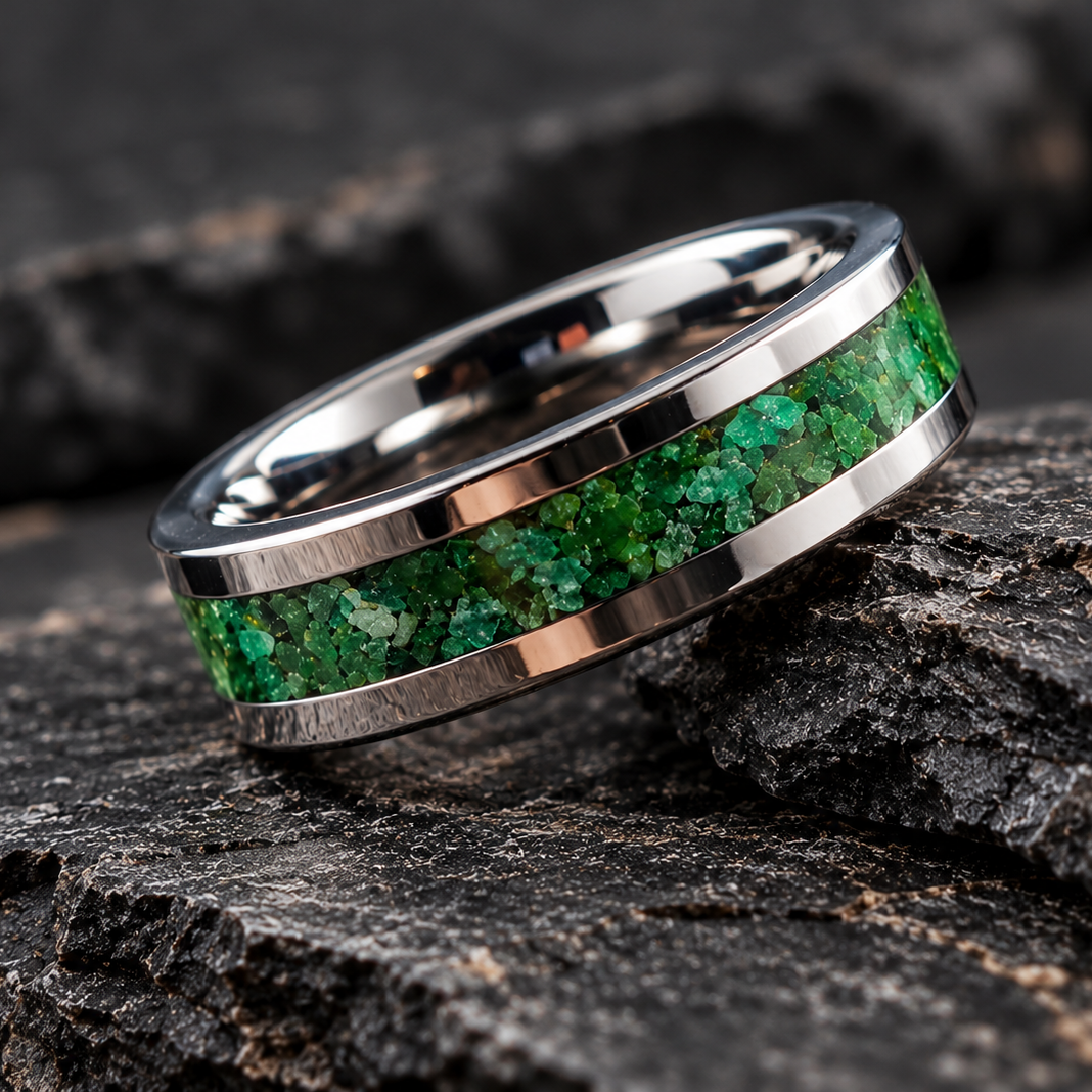 A silver-toned metal ring with a vibrant green textured inlay, resting on a dark textured rock surface.