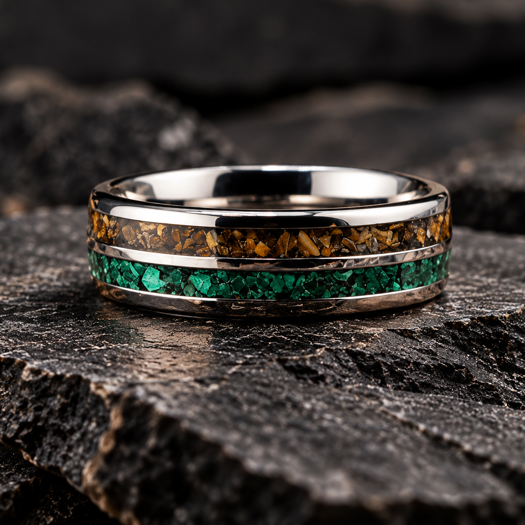 A silver band ring featuring two inlay stripes: one with brown dinosaur bone and one with green stone inlay, displayed on a dark textured rock surface.