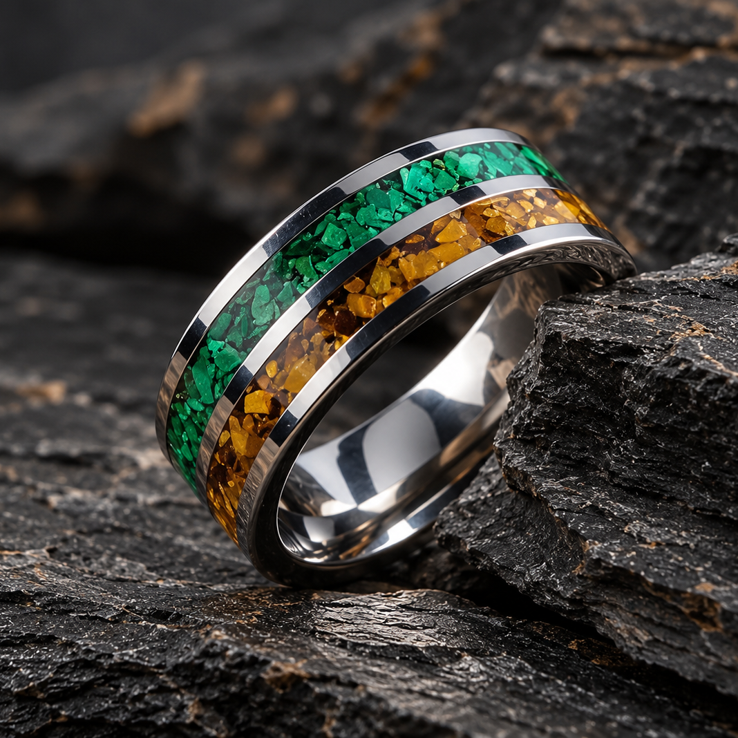 A polished silver-toned band ring with two inlay channels, one featuring vibrant green malachite stone and the other Dinosaur Bone, resting on dark textured wood.