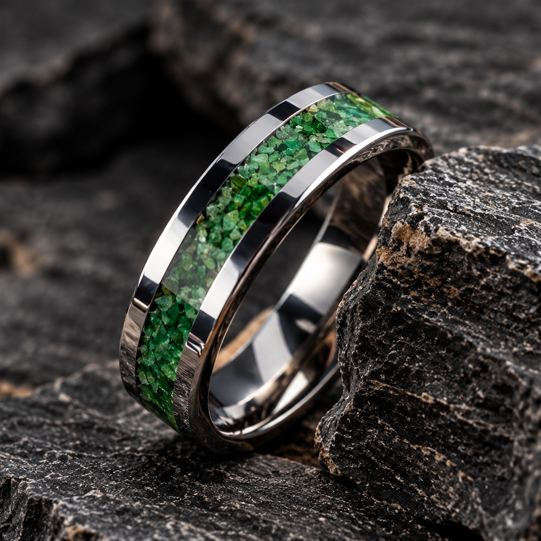 A polished silver ring with a textured green inlay, resting on dark textured wood.