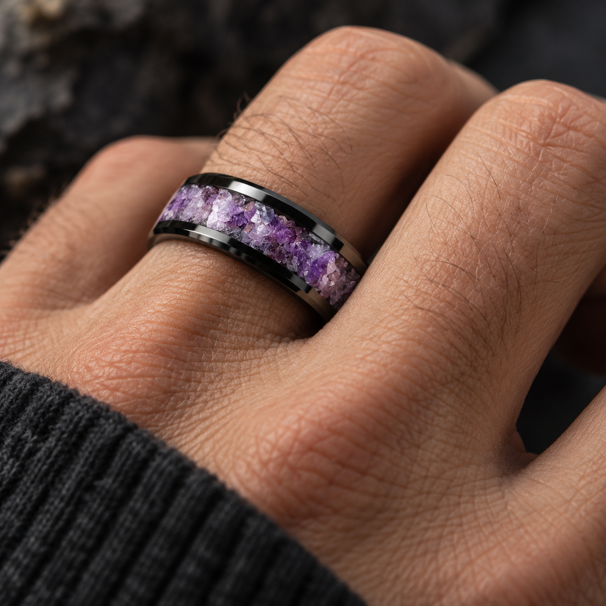 Black Zirconium & Crushed Amethyst Ring