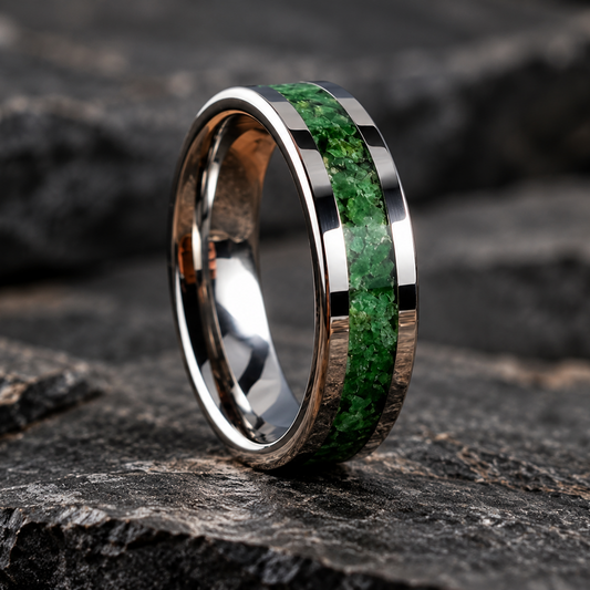 A polished silver-toned ring with a vibrant green inlay, standing upright on a dark textured stone surface.