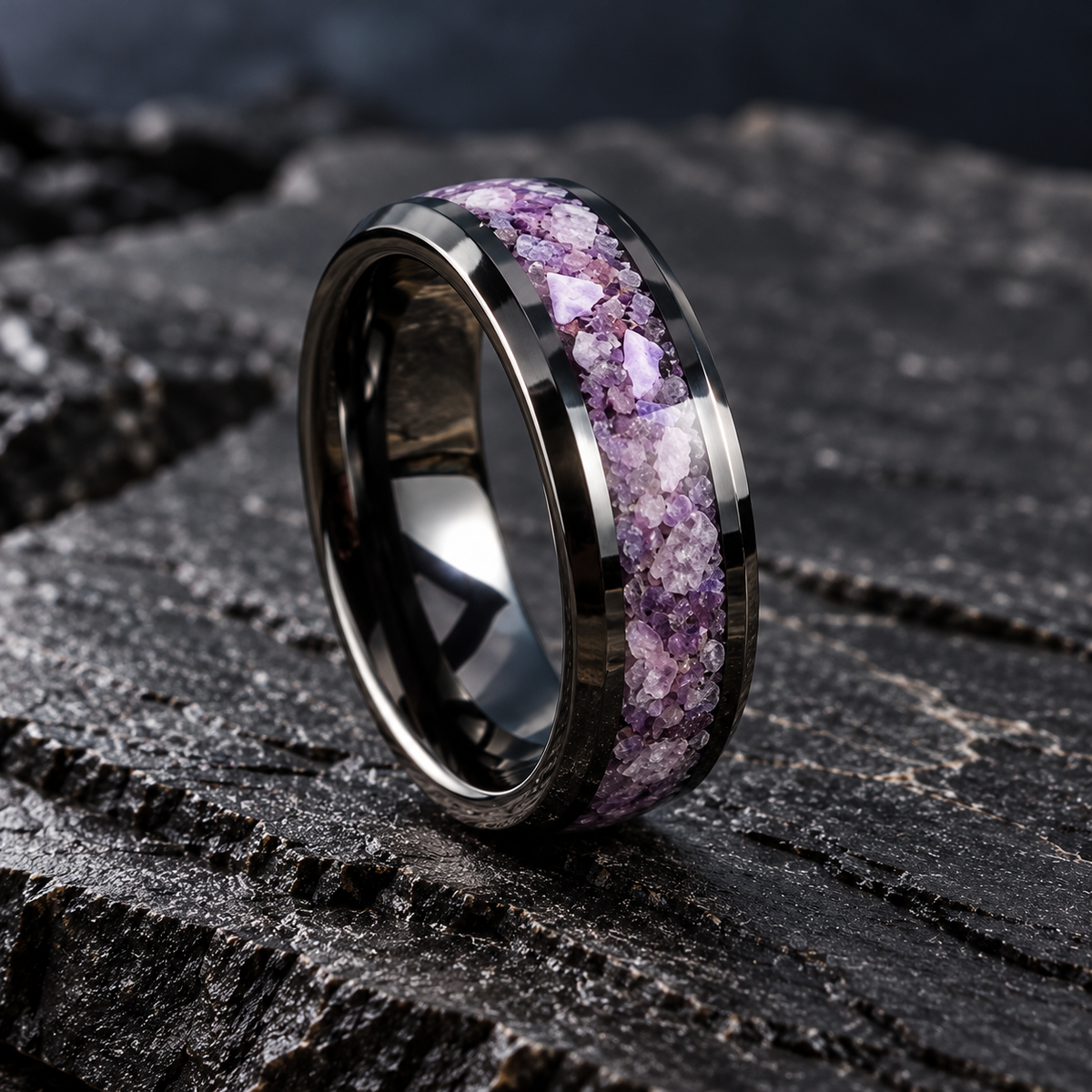 Black Zirconium & Crushed Amethyst Ring