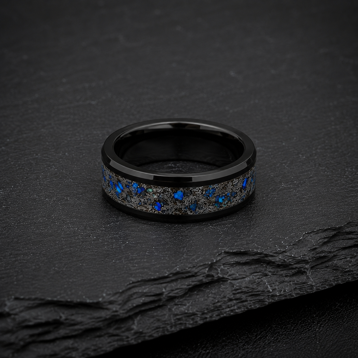 Black Zirconium Meteorite & Blue Opal Ring