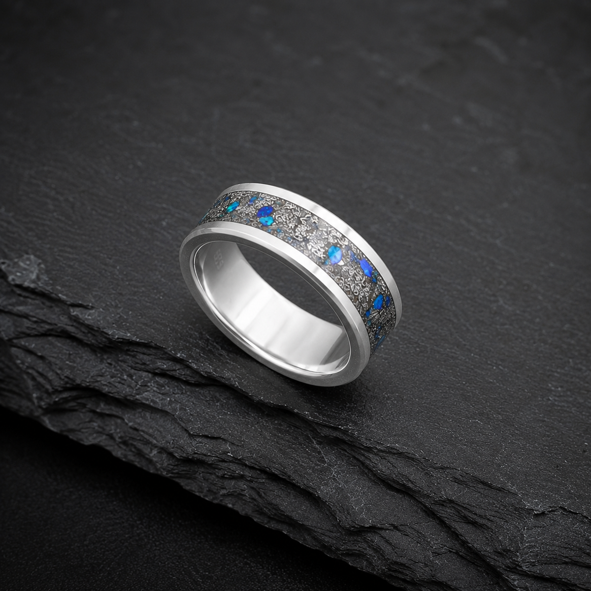Sterling Silver Muonionalusta Meteorite & Blue Opal Ring
