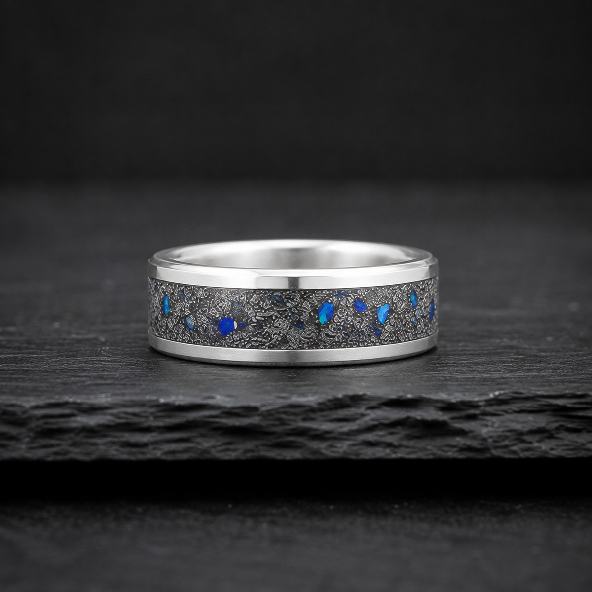 Sterling Silver Muonionalusta Meteorite & Blue Opal Ring