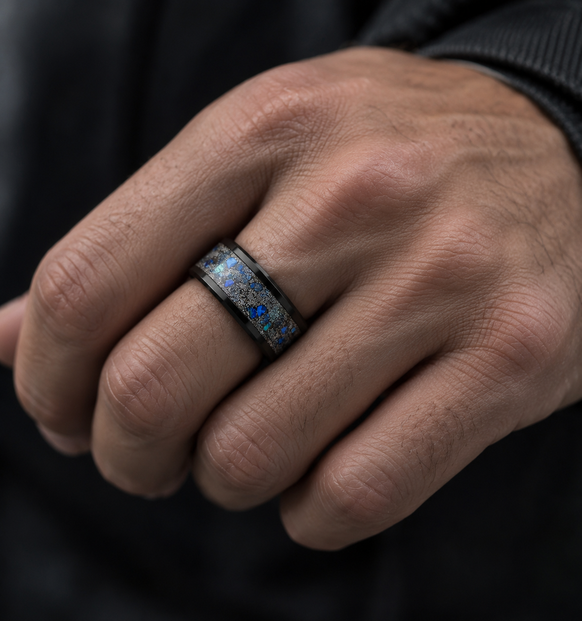 Black Zirconium Meteorite & Blue Opal Ring