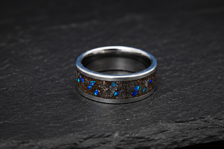 Muonionalusta Meteorite & Blue Opal Tungsten Ring — 8mm US 9 UK S