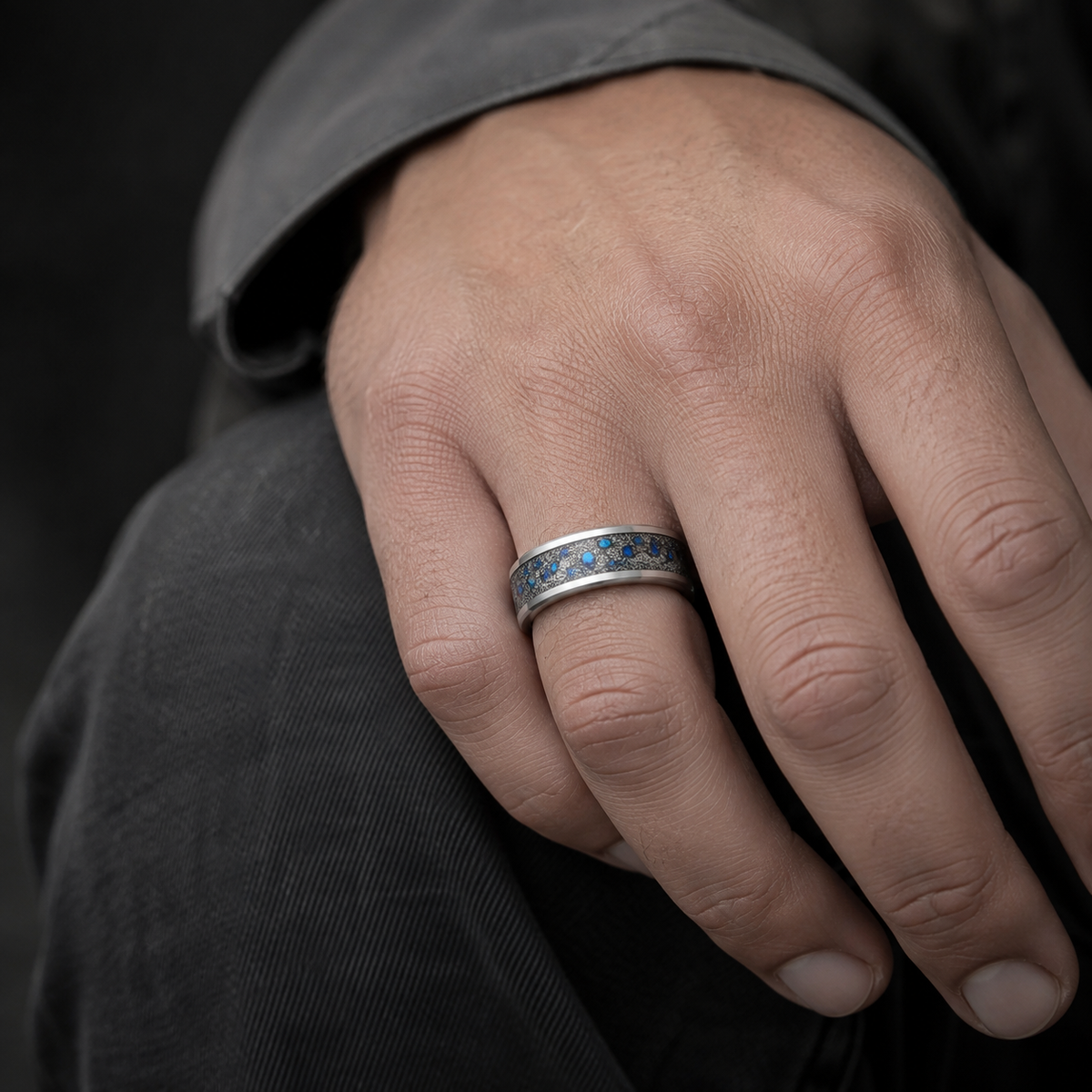Sterling Silver Muonionalusta Meteorite & Blue Opal Ring