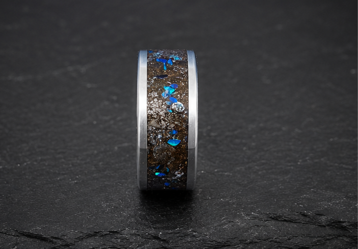 Muonionalusta Meteorite & Blue Opal Tungsten Ring — 8mm US 9 UK S