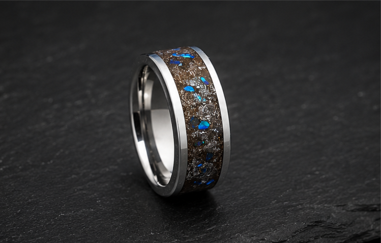 Muonionalusta Meteorite & Blue Opal Tungsten Ring — 8mm US 9 UK S