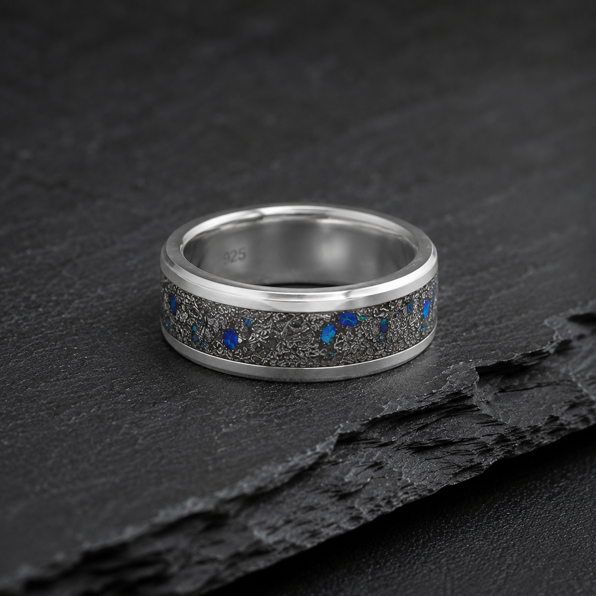 Sterling Silver Muonionalusta Meteorite & Blue Opal Ring
