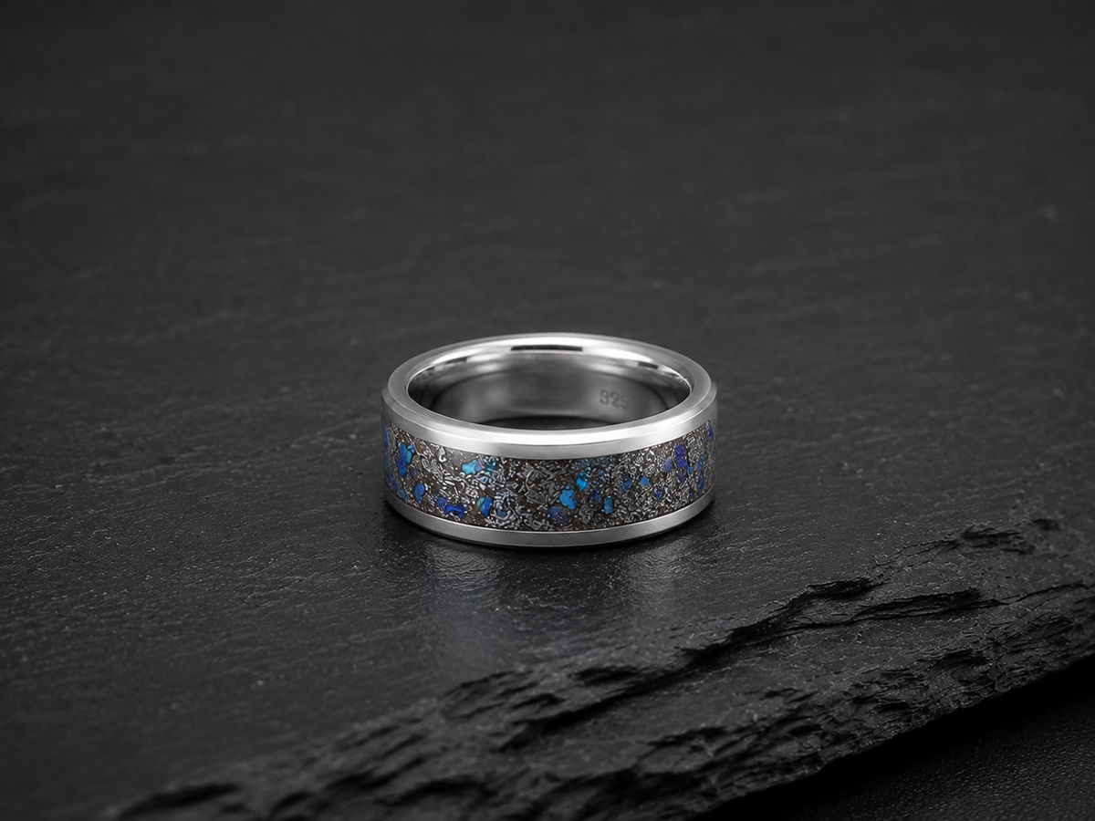 Sterling Silver Muonionalusta Meteorite & Blue Opal Ring