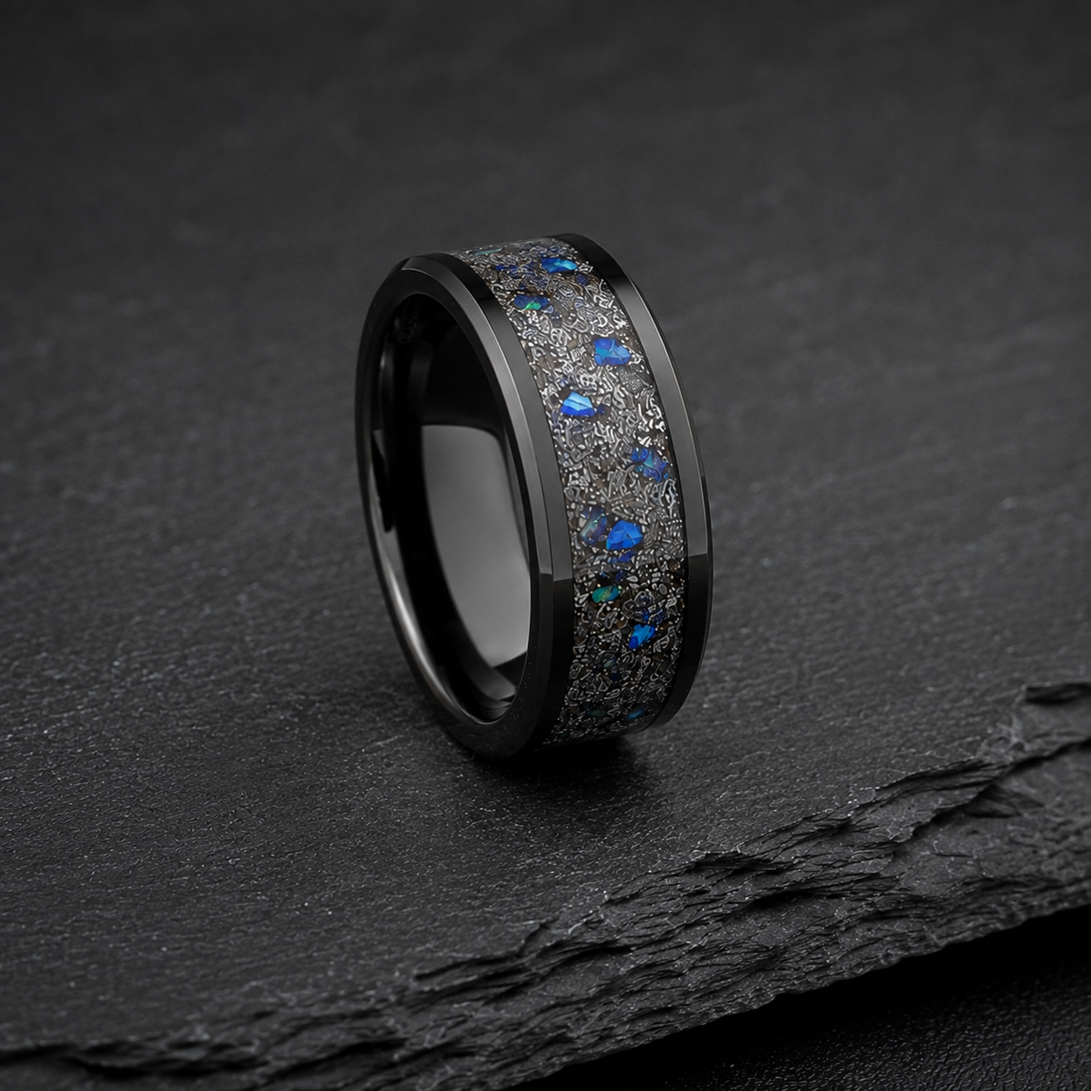 Black Zirconium Meteorite & Blue Opal Ring