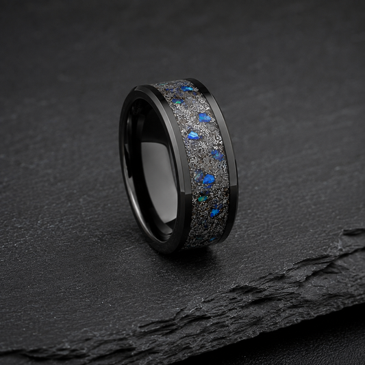 Black Zirconium Meteorite & Blue Opal Ring