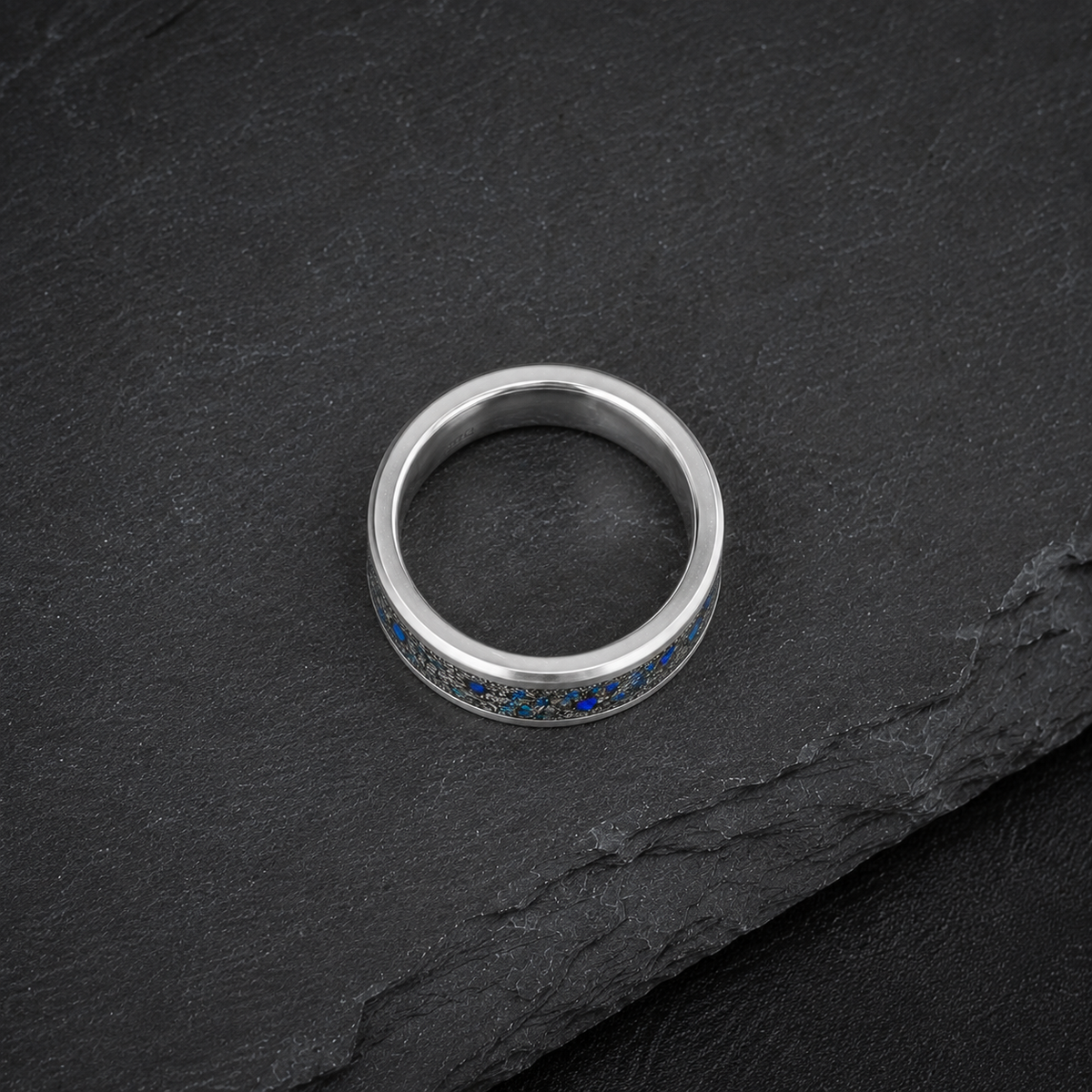 Sterling Silver Muonionalusta Meteorite & Blue Opal Ring