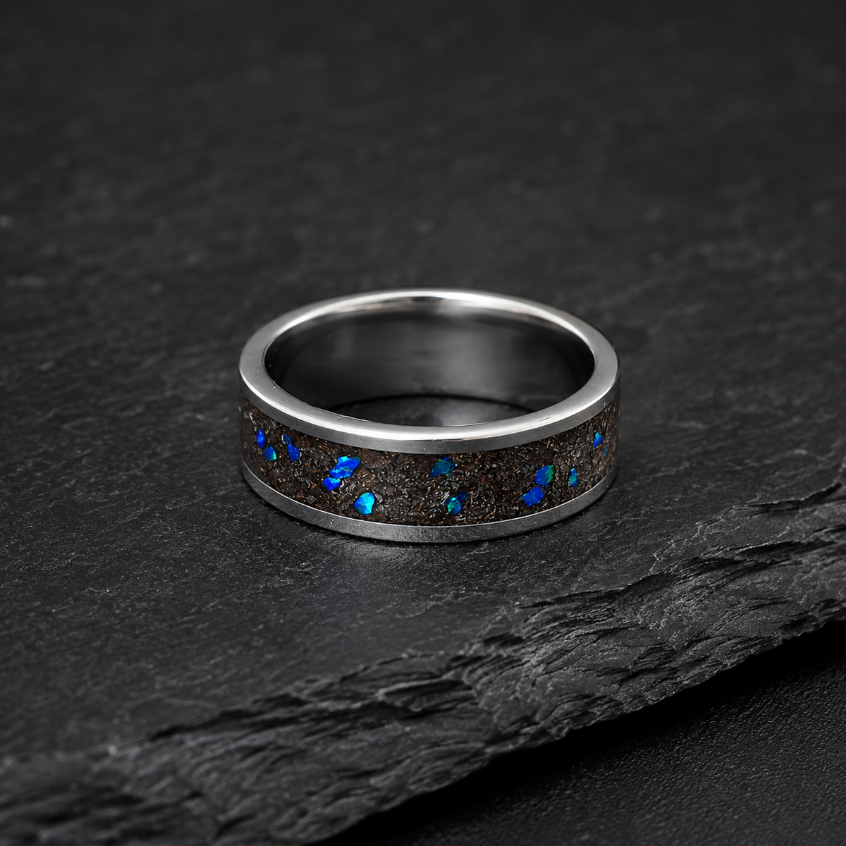 Muonionalusta Meteorite & Blue Opal Tungsten Ring — 8mm US 9 UK S
