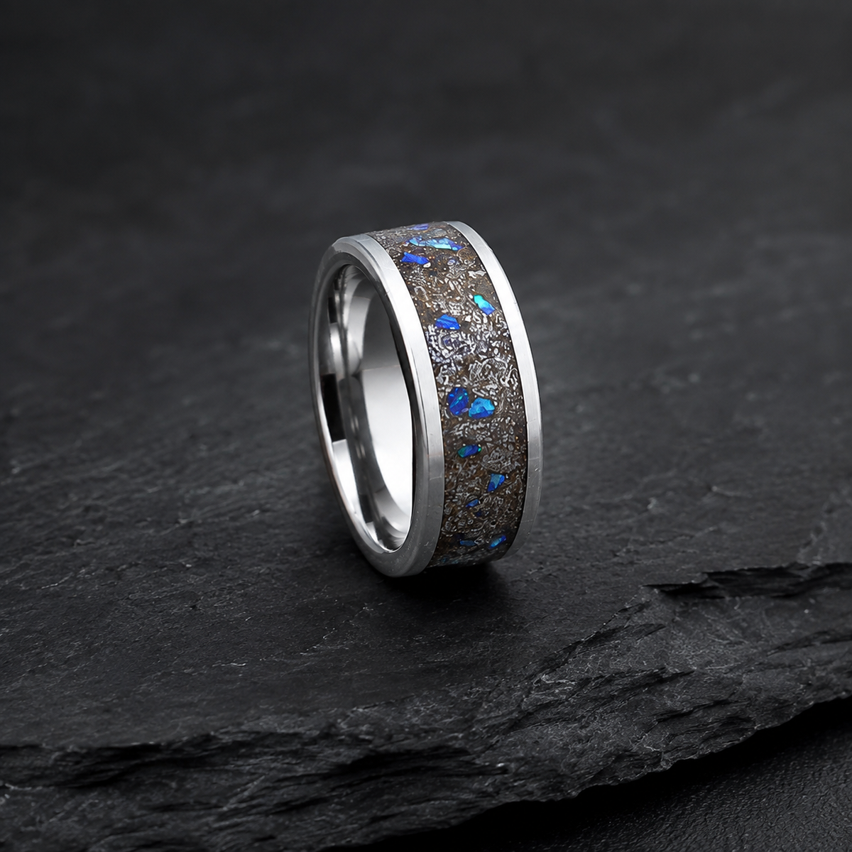 Muonionalusta Meteorite & Blue Opal Tungsten Ring — 8mm US 9 UK S