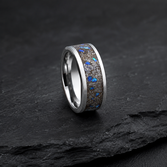 Muonionalusta Meteorite & Blue Opal Tungsten Ring — 8mm US 9 UK S
