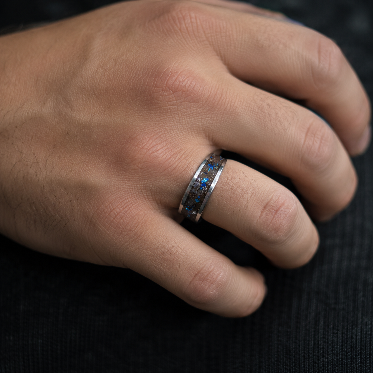 Muonionalusta Meteorite & Blue Opal Tungsten Ring — 8mm US 9 UK S