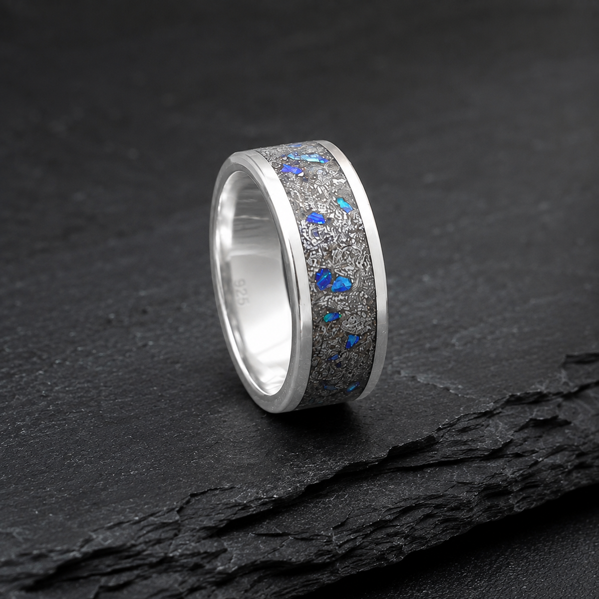 Sterling Silver Muonionalusta Meteorite & Blue Opal Ring