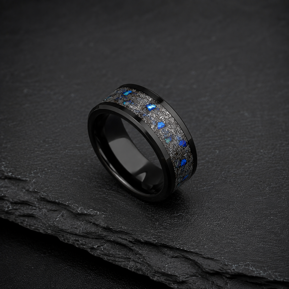 Black Zirconium Meteorite & Blue Opal Ring